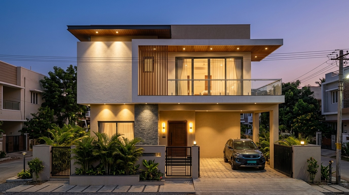 Contemporary front elevation Indian duplex villa constructed by Garuda Construction in Thiruvallur